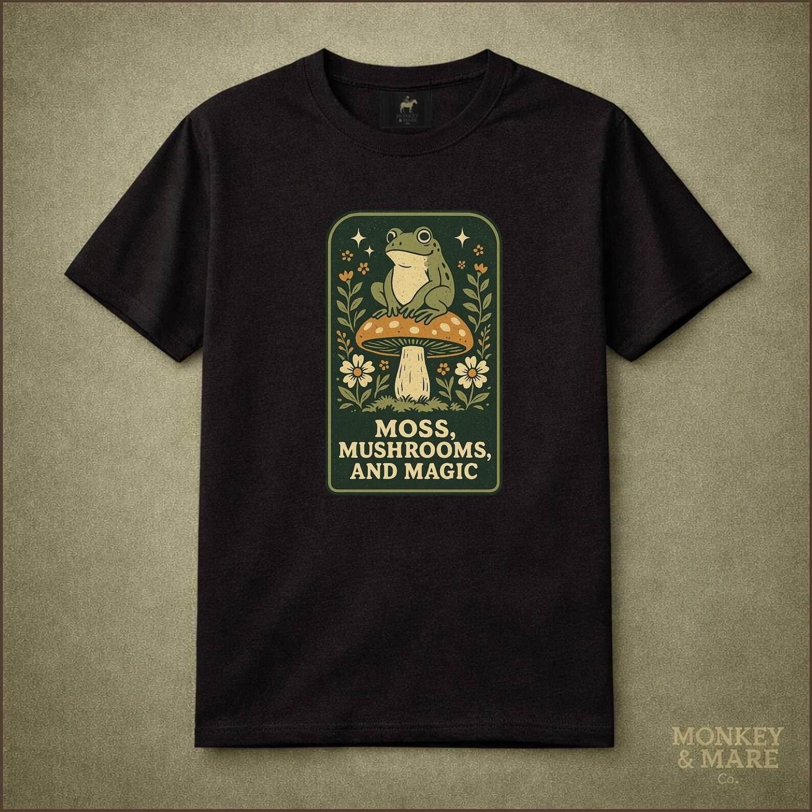 Moss Mushrooms and Magic Frog on Mushroom T-Shirt | Cottagecore Nature Forest Vibes 3XL
