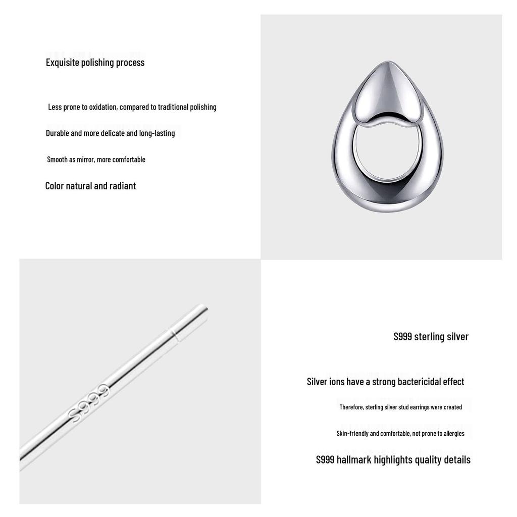S999 Sterling Silver Water Drop Stud Earrings, Elegant Pure Silver Design for Women, Fresh Style Ear Accessories.