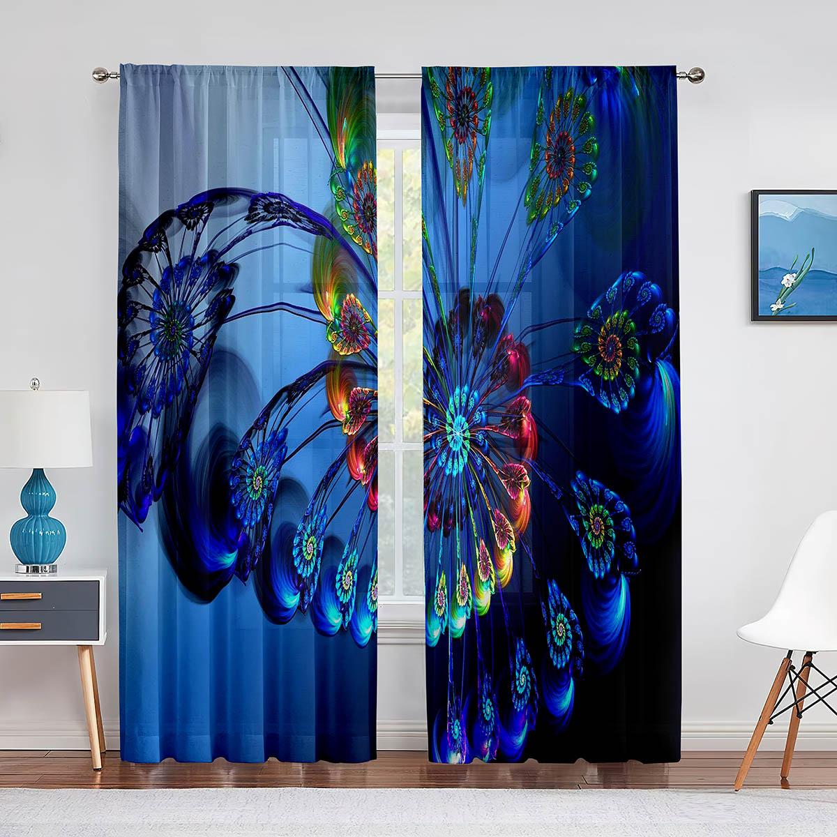 Голубые красивые прозрачные шторы с изображением павлина — фото 8