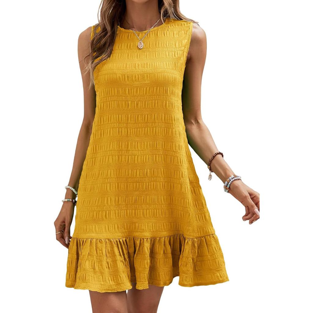 Pleated Fabric Dresses Women O Neck Pullover Sleeveless Splice Hem Dress Female Summer Comfortable Casual Commuter Gown