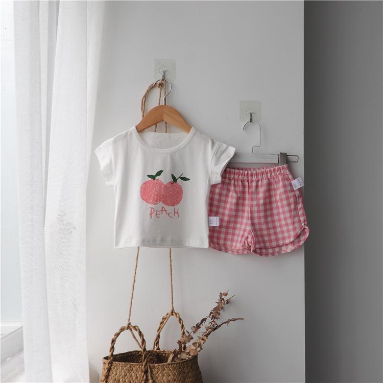 Korean 2026 Kids' Summer Fruit Tee & Plaid Shorts Set