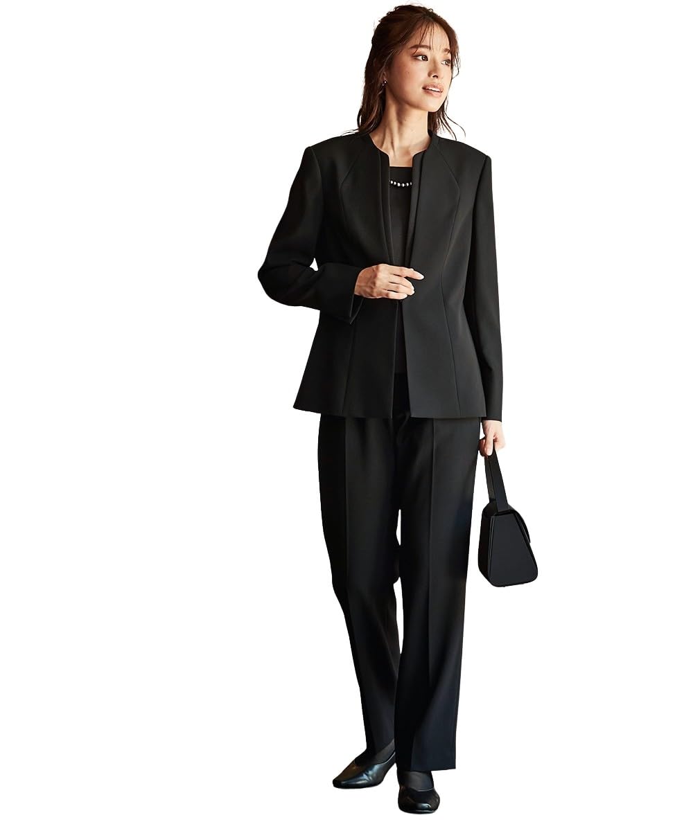 

Nissen Черный формальный костюм-брюки с жаккардовым стрейч-жакетом Хокурику, блузка, большие размеры, размер 3L, женская траурная/формальная одежда, можно стирать, устойчив к сминанию (Куртка + чёрный