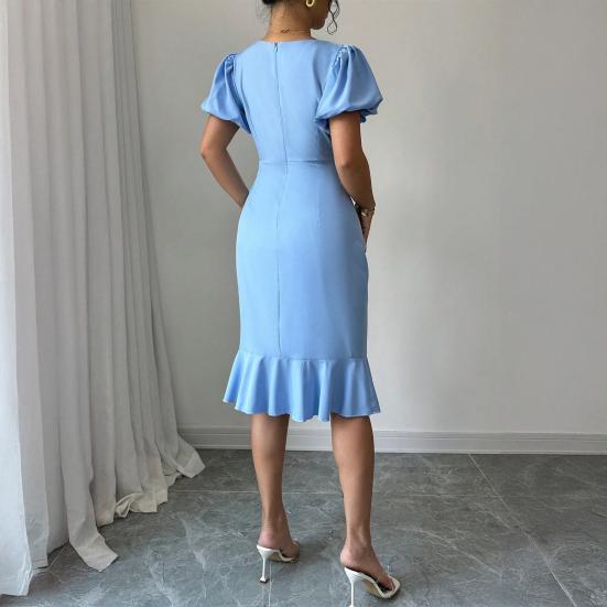 Women's Short Puff Sleeve Bodycon Dresses Crew Neck Ruffle Mermaid Hem Dress Cocktail Wedding