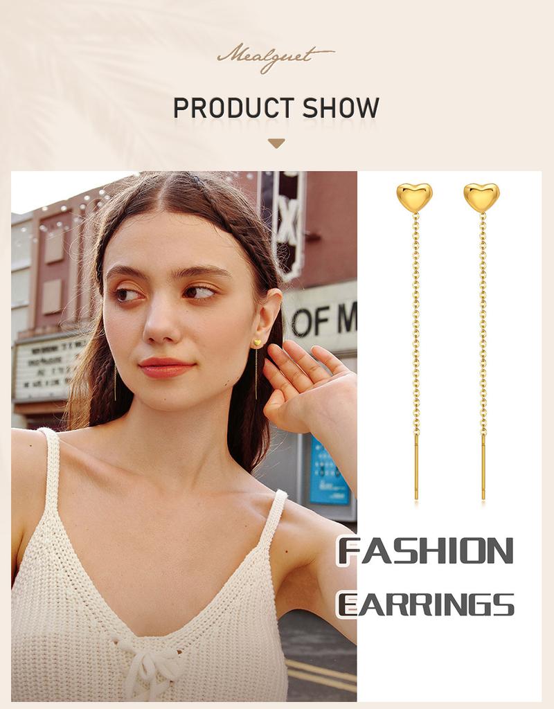 Heart Threader Earrings for Women, Stainless Steel Long Chain Drop Earrings, Love Shape Threader