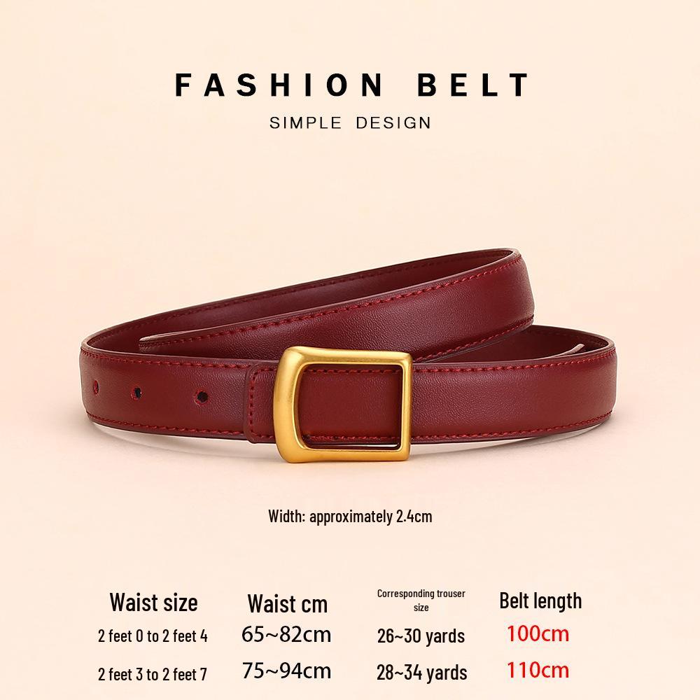 Women's Red Cowhide Leather Belt with Square Buckle - Trendy Decorative Waist Cincher
