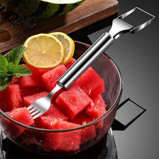 Fruit Cube Cutter 2-In-1 Watermelon Fork Slicer Stainless Steel Portable Compact Cutting Tools for Family Parties Camping Mango Pear Refreshing Tool