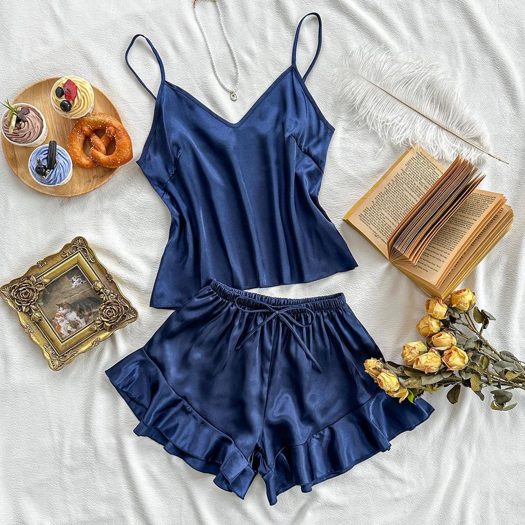 Women's Backless Spaghetti Strap Imitation Silk Pajamas Set - Casual, Fashionable, Sexy Shorts Lounge Wear