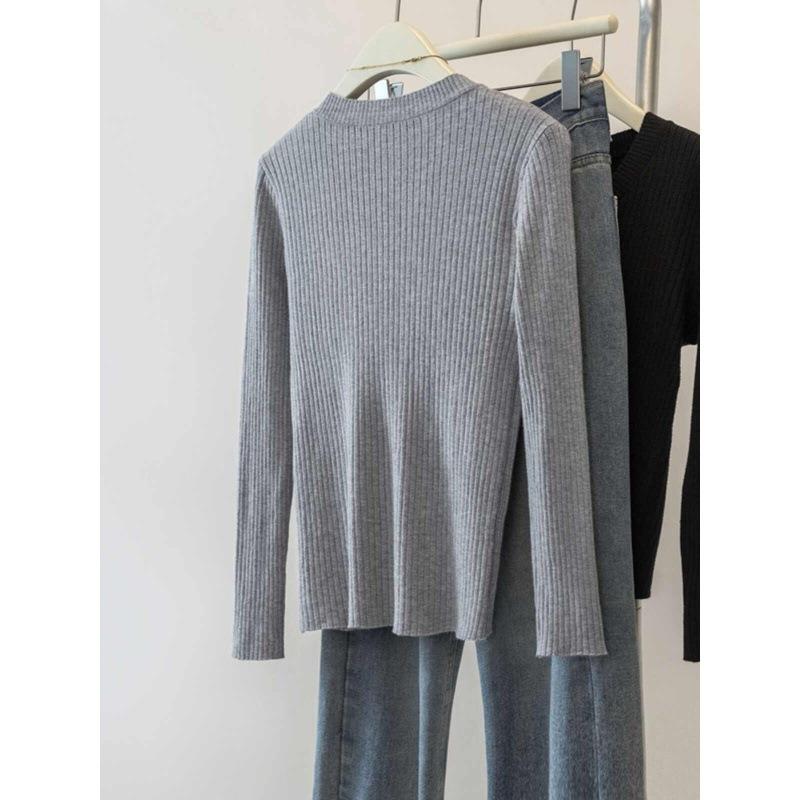 Gray Knitted Sweater Long-sleeved Women's New Spring and Autumn Inner Lining Long-sleeved Thin Top