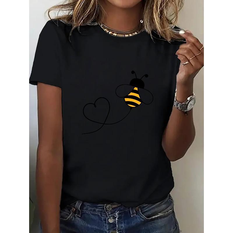 Damen Niedliches Biene Herz Design T-Shirt Lässig Sportlich Atmungsaktiv Leichtes Weiches Gewebe Rundhalsausschnitt Kurzarm Ganzjahres Komfortabel