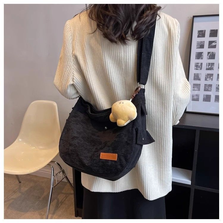 Corduroy Shoulder Bag Women Casual Crossbody Bag Half Moon Hobo Bag Soft Fabric Tote with Strap Cute Pendant