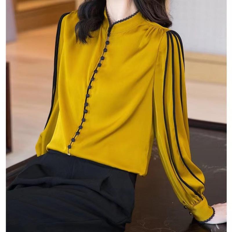 Elegant Fashion Casual Solid Satin Button Shirt Autumn  Stand Collar Long Shirt Sleeve Loose Pullovers Tops Women's Clothing