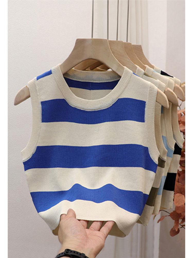 Sexy ribbestrikket tanktopp for kvinner Sommerstriper o-hals Ermeløse beskjæringsoverdeler Street Vintage koreansk moteskjortevest Y2K-klær