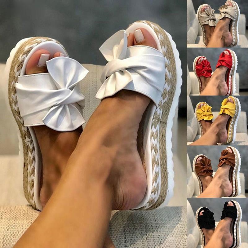 Women Bowknot Sandals Summer Casual Daily Comfy Slip On Platform Sandals Women's Toe Breathbale Weave Sandals