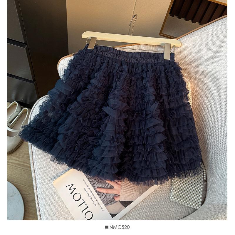 Korean Ballet-Inspired High-Waisted Ruffled Mesh A-Line Layered Skirt for Women, Autumn 2025