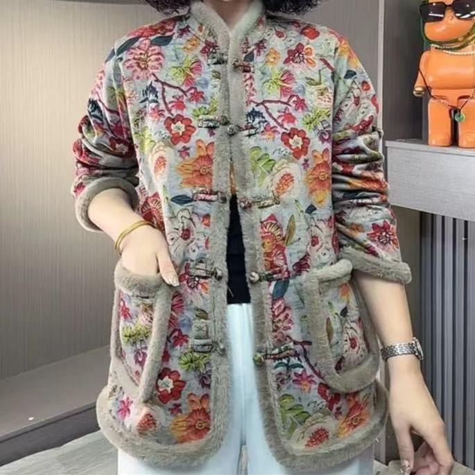 Floral Cotton Jacket: Warm Winter Coat with Frog Buttons for Middle-aged and Elderly