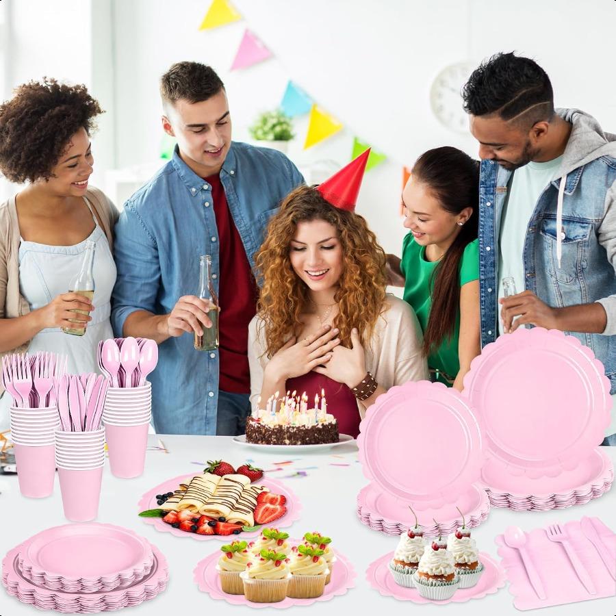 

175 шт. Светло-розовые тарелки с фестонами и салфетки Розовый набор одноразовых тарелок с салфетками Стаканы Пластиковые ложки Вилки Ножи для Би United States