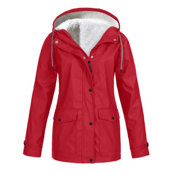 Women Winter Coat Fleece-lined Hooded Press Button Zipper Closure Outerwear Mid Length Plus