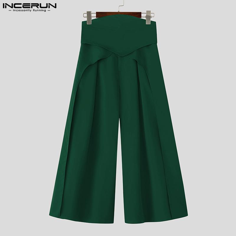 INCERUN Men High Waist Casual Long Splits Wide Legs Pants Trousers