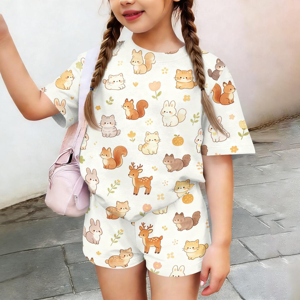 Kids Casual Short Sleeve Shirt and Shorts Set Animal Print Two Piece Outfit Lightweight Comfortable Summer Clothing for Children