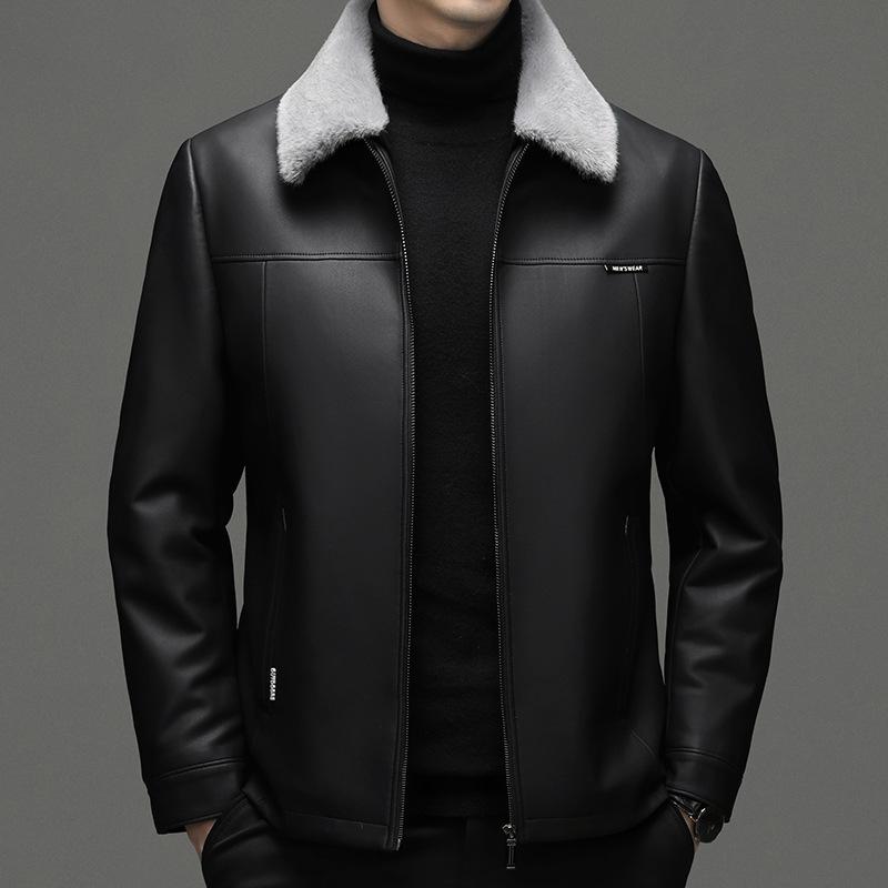 

Кожаная куртка мужская с лацканами из натуральной кожи, пух утки белого цвета средней выдержки, зимние утолщенные меховые воротники из овчины, кожаные куртки 195