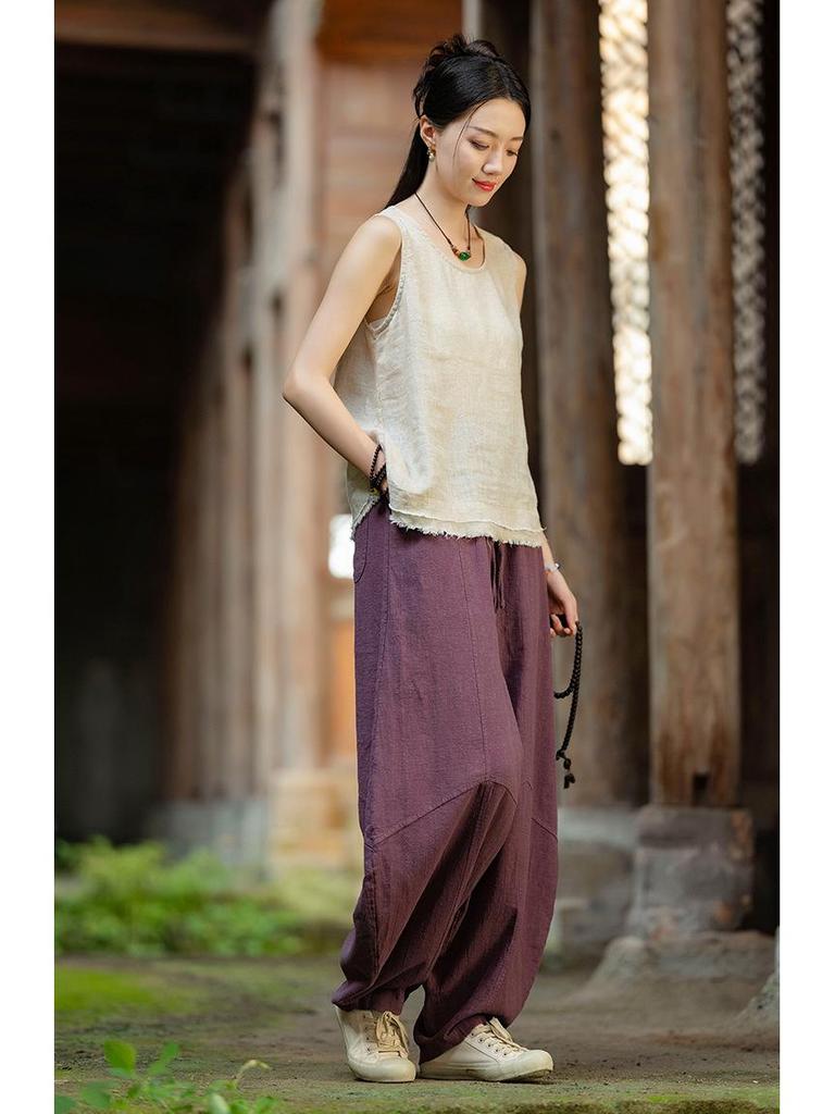 Women's Spring Retro Zen Loose Ramie Cotton Linen Harem Pants for Kung Fu Meditation