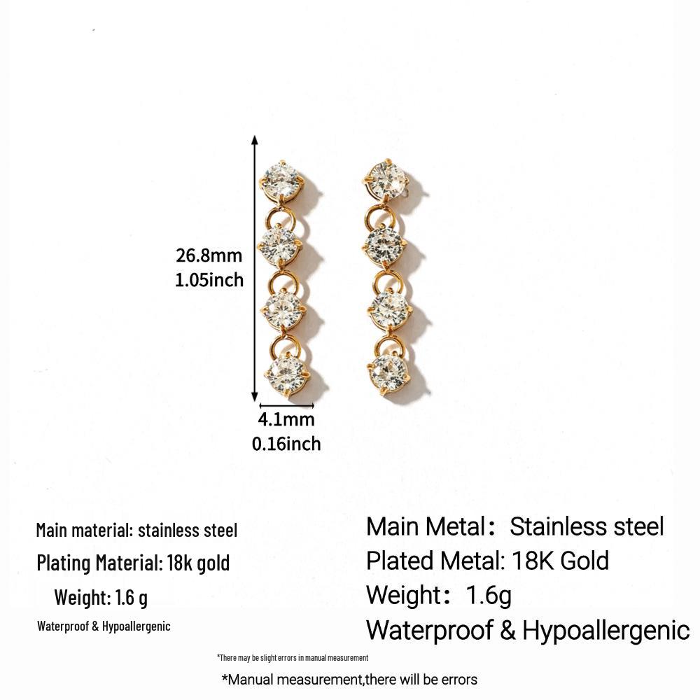 18K Gold Plated Waterproof Zirconia Tassel Stainless & Titanium Steel Earrings for Women - European & American Retro Fashion.
