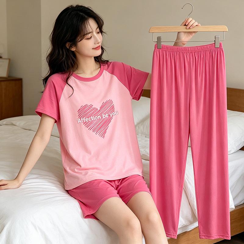 Summer Korean Sweet Pajamas Women's Crew Neck Short-sleeved Three-piece Comfortable Women's Loungewear Spot Straight Hair