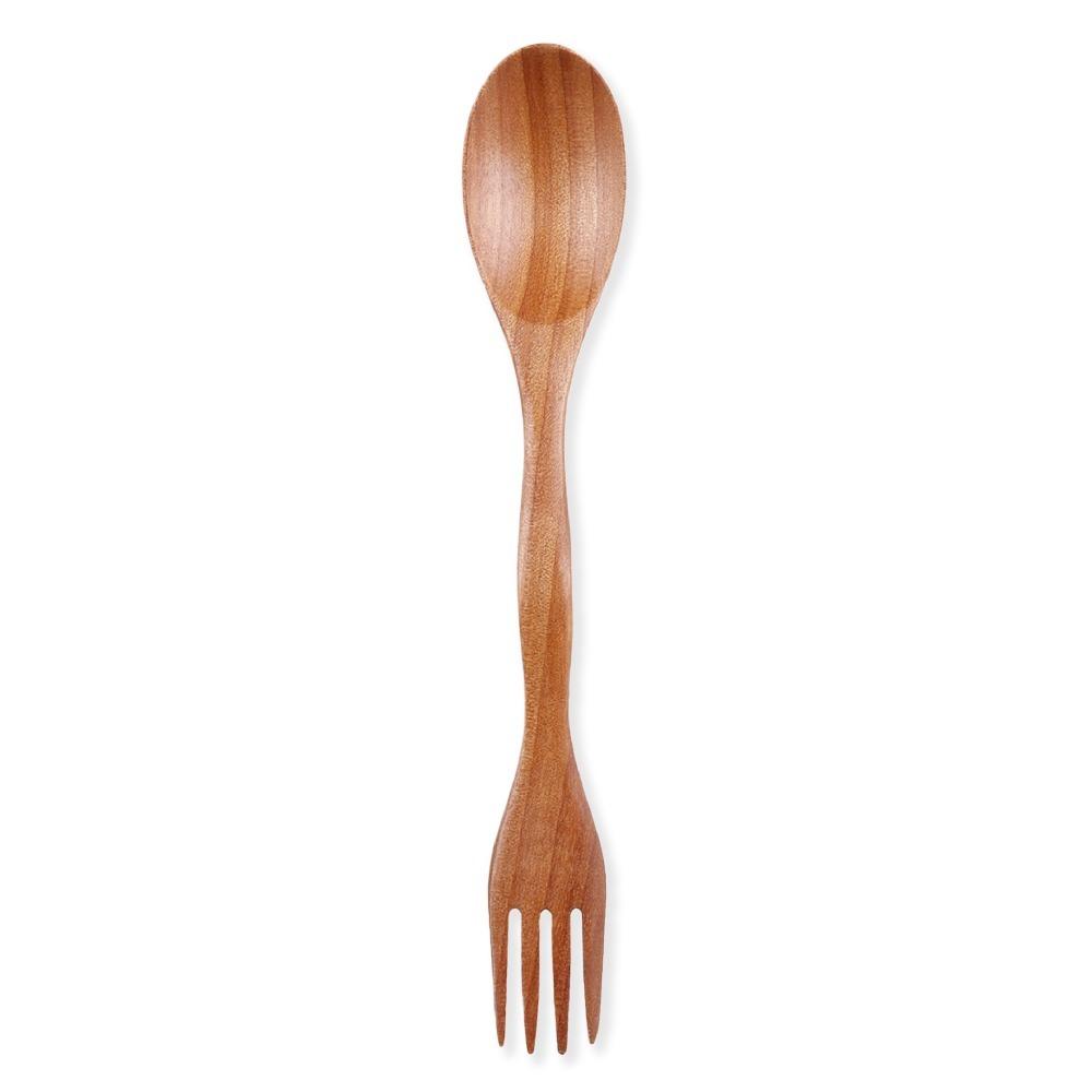 Cutlery Dinner Tableware 2 in 1 Spoon Fork Natural Wood Dual Head