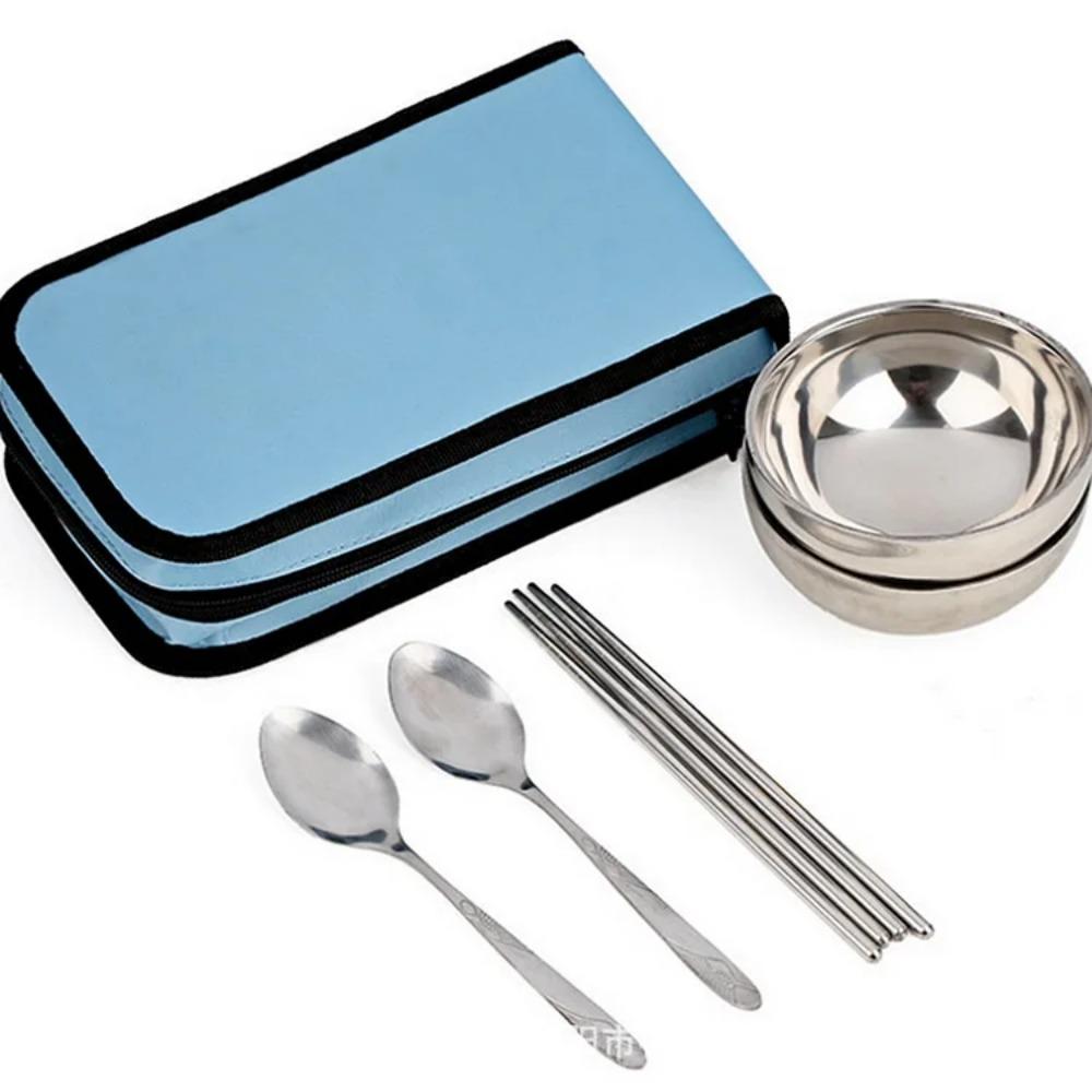 

1 шт. Портативный набор походной посуды из нержавеющей стали для 2 человек, Набор столовых приборов для пикника на открытом воздухе с дорожной сумкой для хранения синий