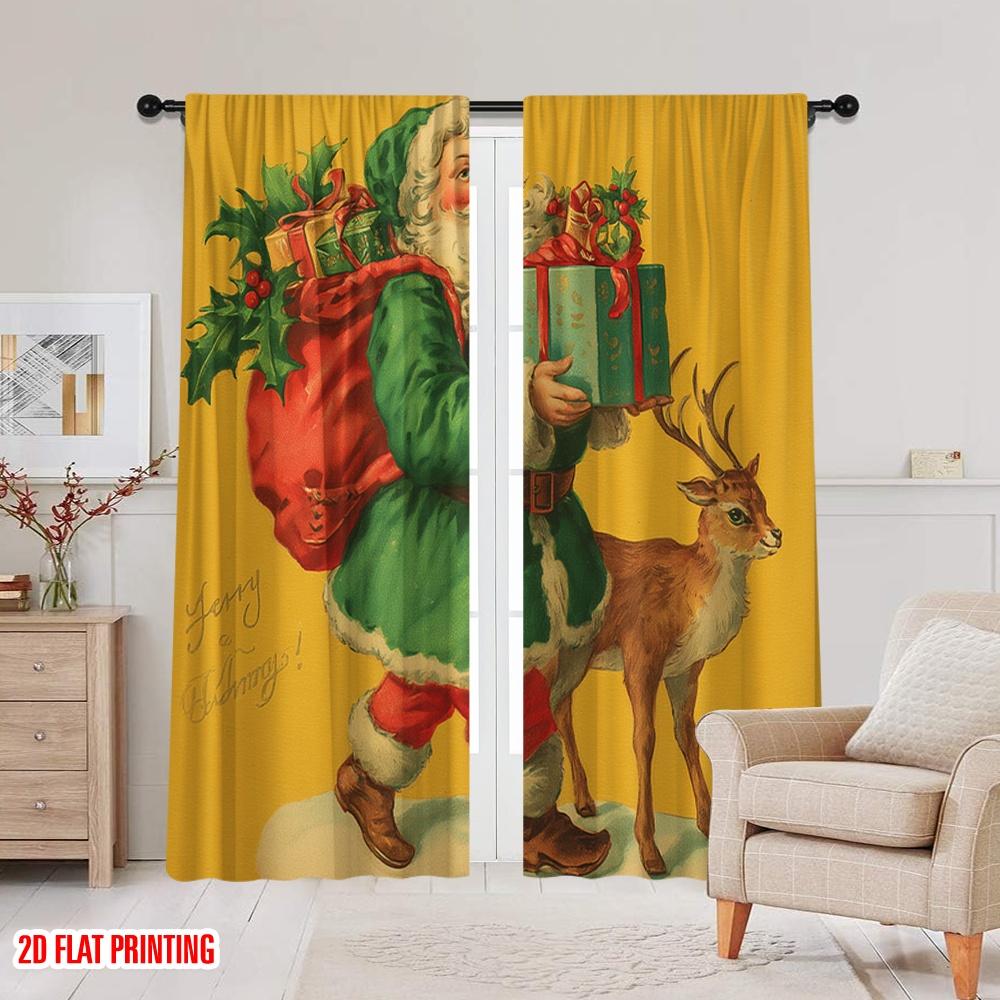 2pcs,2D Plane Printing Curtains Digital Printed Vintage Santa & Reindeer (2) Durable 100% Polyester Fabric (without Rod)