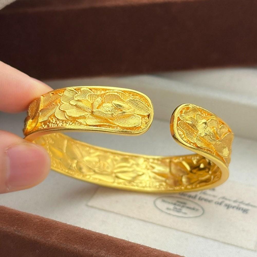 Peony Flower Chinese Style Bangle Opening Wrist Jewelry Exquisite Golden Bracelets Banquet