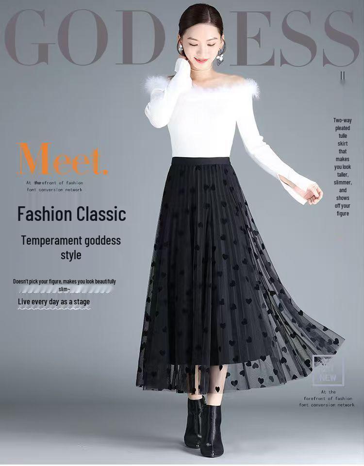 2025 Summer High Waist Polka Dot Floral Mesh Midi Skirt