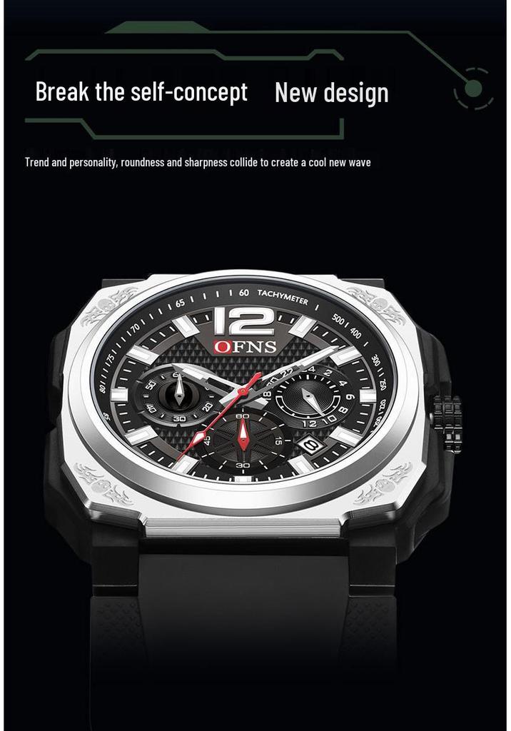OFNS Men's Classic Square Chronograph Watch: Multifunctional Sports Fashion with Single Calendar, Six-Needle Quartz Movement.