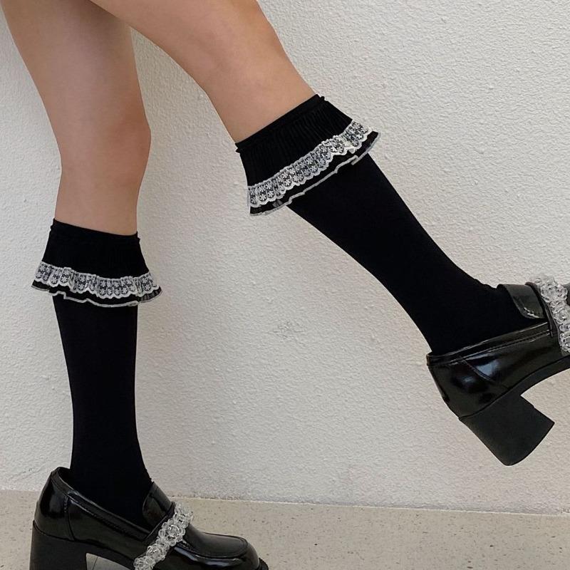 Summer Thin Long Socks Women Solid Color White Lace Ruffles JK Stockings Synthetic Fiber Korean Style Stretch Calf Socks