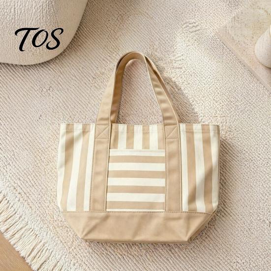 Multi-purpose Tote Bag Striped Canvas Bag, Stylish Reusable Grocery with Front Pocket, Shoulder for Shopping Picnic Commuting Large Capacity