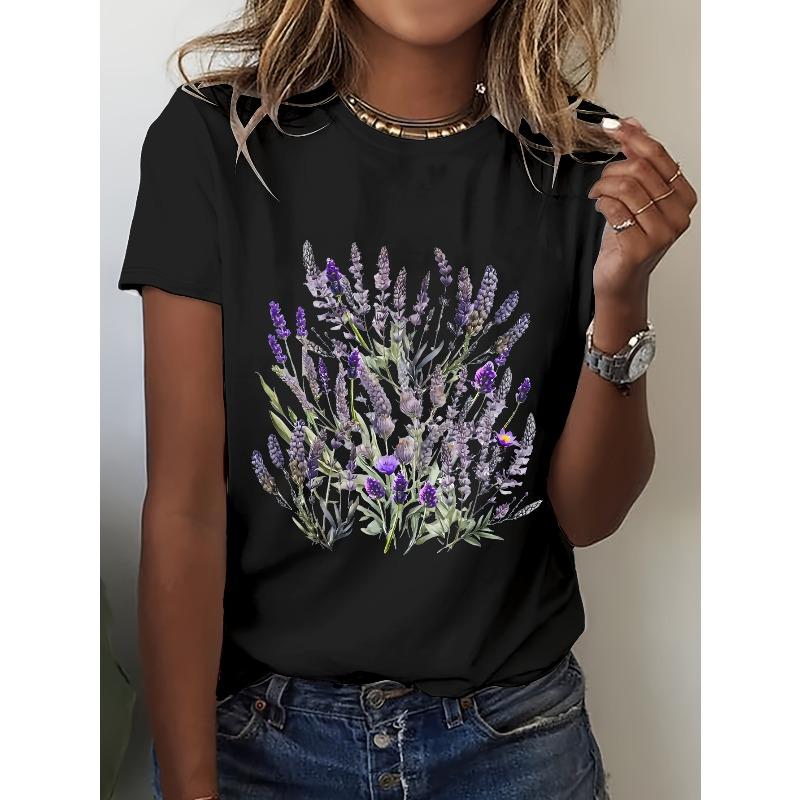 Europeiska storlekar Dam Casual Svart T-shirt med Livfullt Lavendel & Lila Blommönster - Kortärmad, Rundhalsad, Vår/Sommar Topp