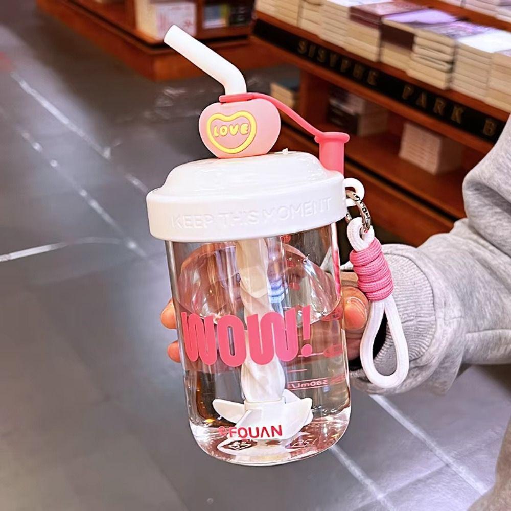 With Straw Stirring Cup High-capacity Drinking Cup Kawaii 580ML Water Bottles  Sports