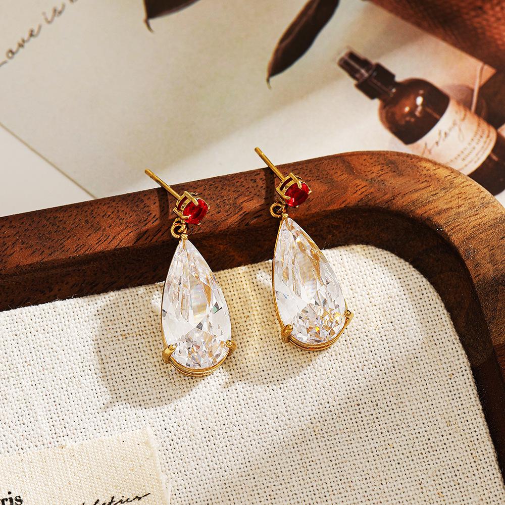 18K Gold Waterproof Zirconia Water Drop Earrings, European & American Style, Stainless Steel & Titanium, Women's Jewelry