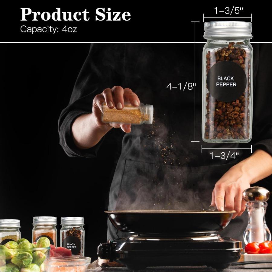 

DkOvn 24 шт. Стеклянные банки для специй 4 унции Пустые банки для специй с металлическими крышками Этикетки Крышки-дозаторы Складная воронка Меловой маркер Органайзер для приправ United States