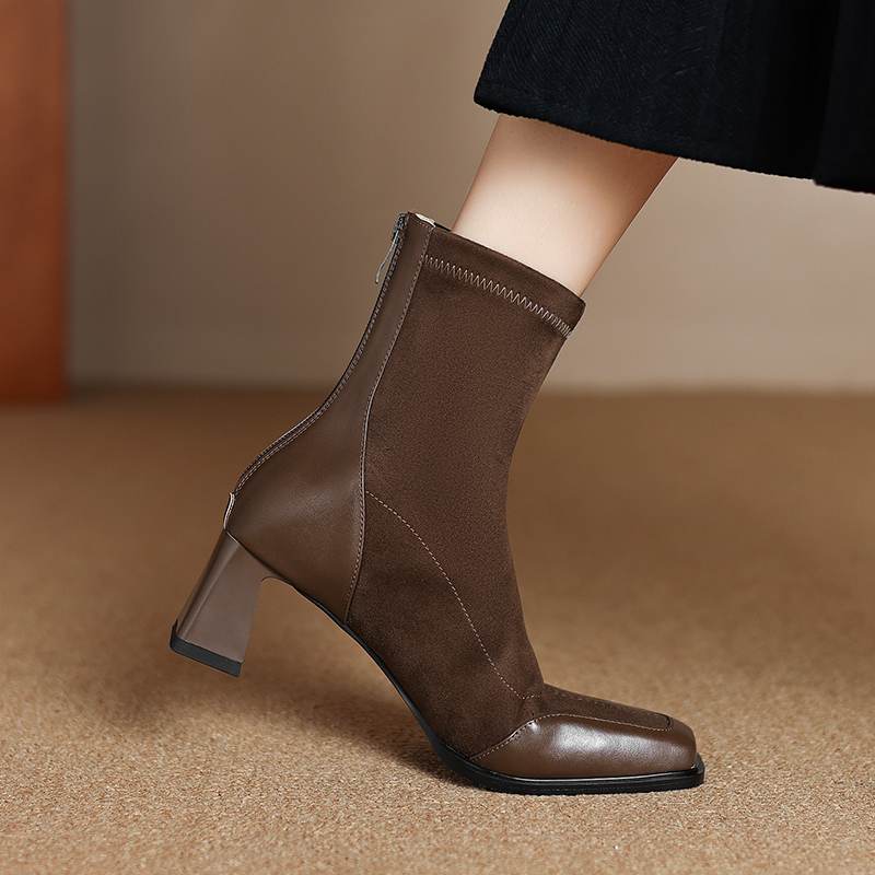 Krazing Pot Flock Autumn Winter Shoes Thick High Heels Big Size 40 Modern Boots Square Toe Keep Warm Zip Ankle Boots