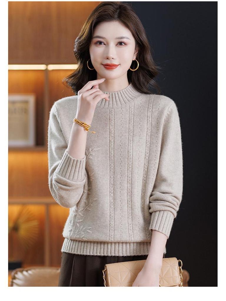 High-Grade Wool Sweater: Semi-High Collar, Fashionable Embroidery, Thick Knit for Middle-Aged/Elderly Women, Winter Warmth.