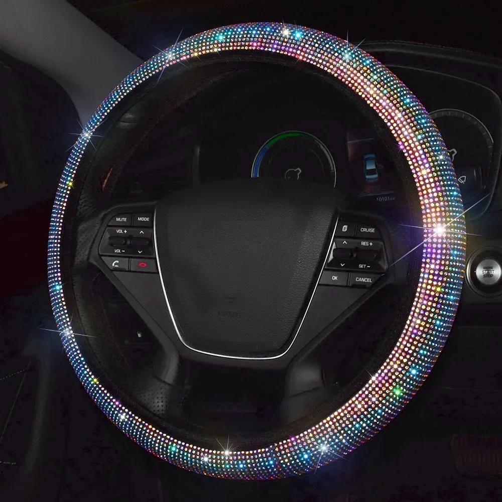 38cm Universal Car SUV Breathable Anti-Slip Bling Rhinestones Steering Wheel Cover for Women Girl with Crystal Diamond Sparkling
