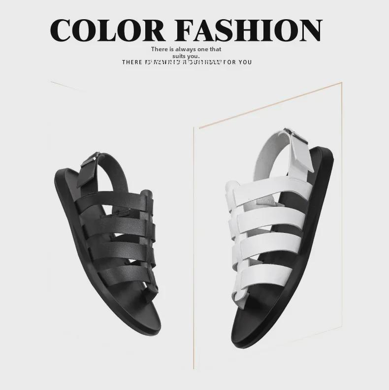 2024 Men's White Leather Open Toe Sandals: Trendy, Breathable, Non-Slip, Rivet Design, Summer Youth Style