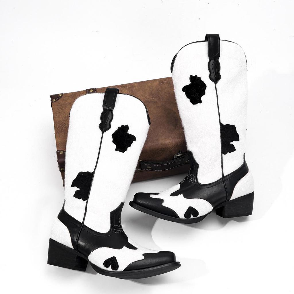 Fashionable Plus-Size Embroidered Mid-Calf Women's Boots: Pointed Toe, Chunky Heel, Sizes 35-46