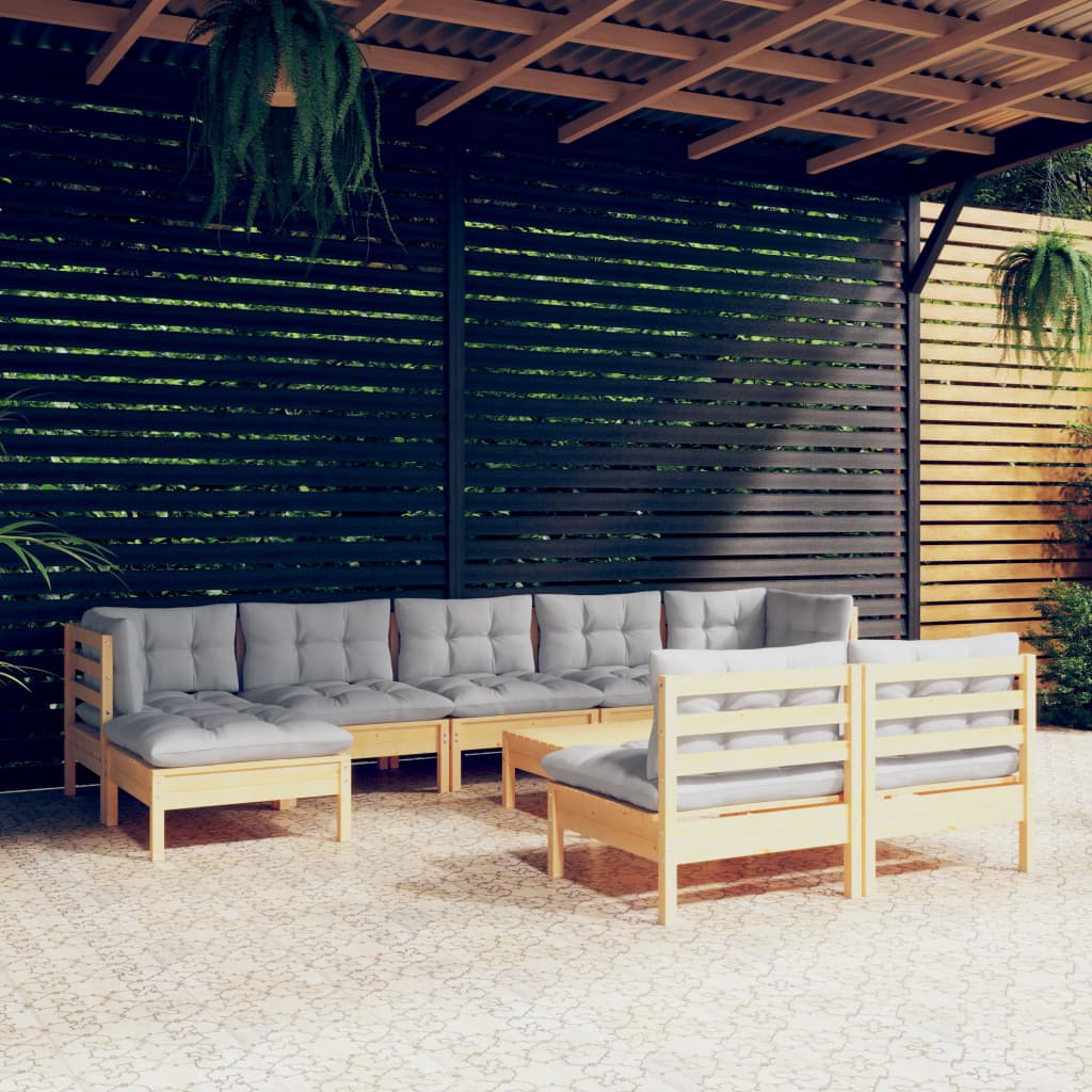 Vidaxl 10-Cz. Garden Lounge Set, Grey Cushions, Pine