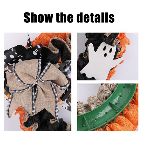 Halloween Wreath 15 Inch for Front Door, Rustic Ruffle with Rhinestone Bow Ghost And Burlap Fireplace Walls Windows Gothic Party Decor Fluffy