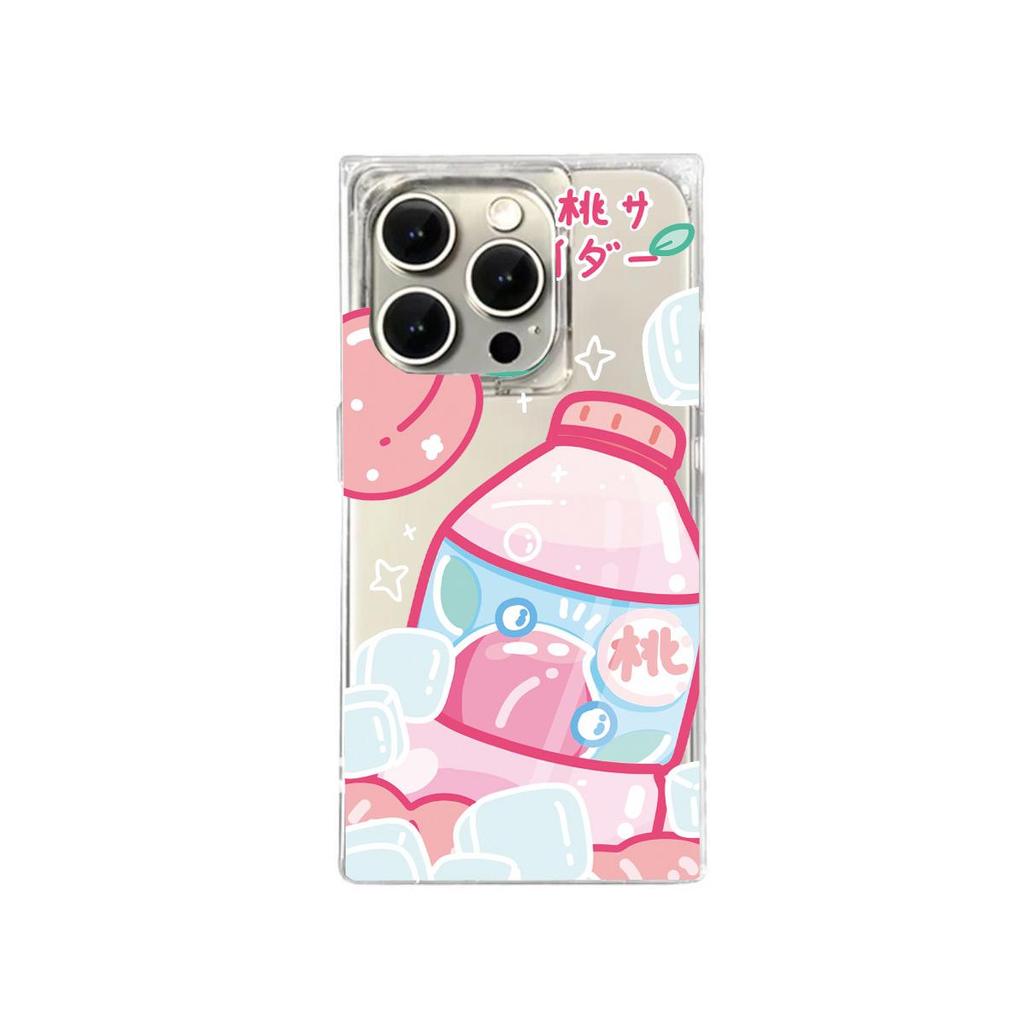 Square Back Tube Protection Clear Case For iPhone 14 Pro Max 16 ProMax 15 Plus 11 12 13 Anti-Oxygen,Peach Beverage Pattern Casing