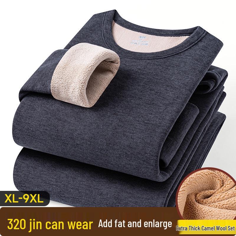 Men's Winter Fleece-Lined Camel Wool Base Layer Set - Warm Cotton Underwear and Pants for Middle-Aged and Elderly