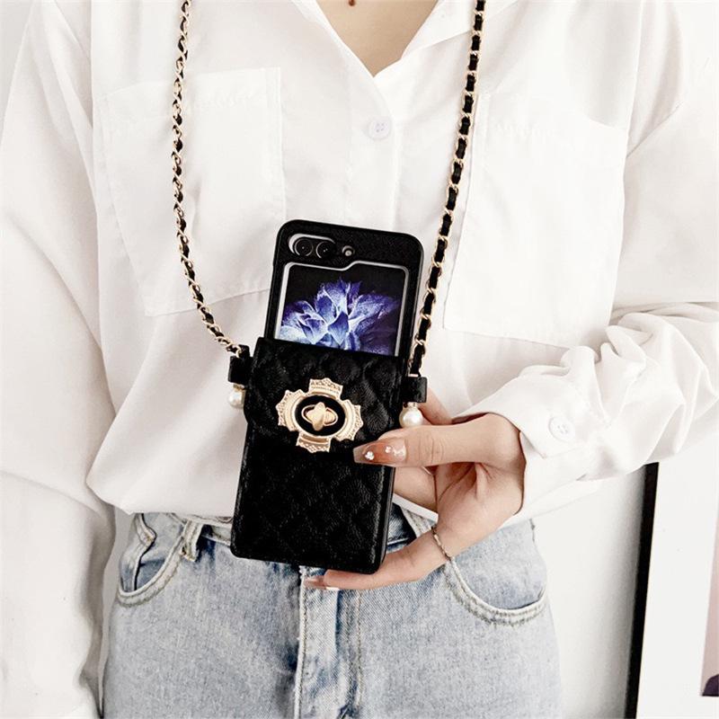 For Samsung Zflip5 Lock Flower Wallet Phone Case P50pocket Crossbody Rope Chain Folding Flip
