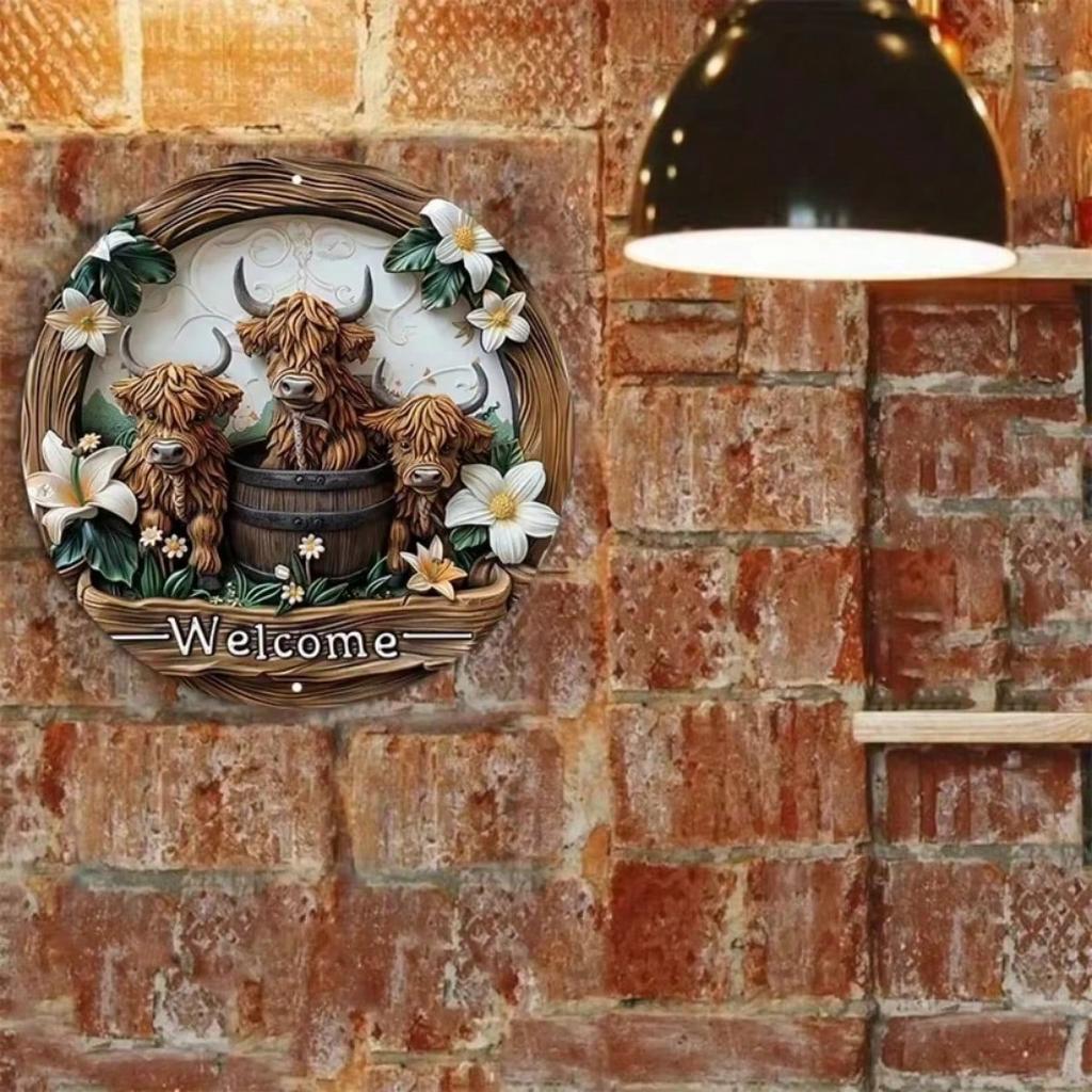 Vintage Highland Cow Lily Flower Metal Tin Sign UV Resistant Indoor Outdoor Wall Decor